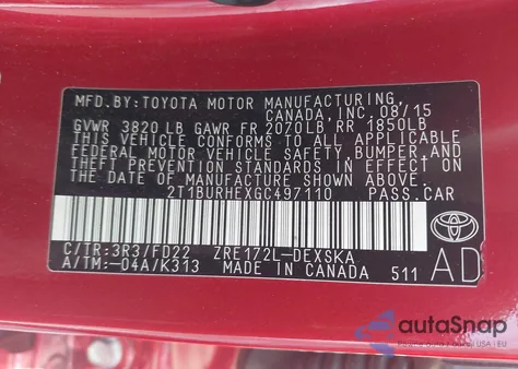 2016 Toyota Corolla S Plus from USA, damaged, VIN 2T1BURHEXGC497110